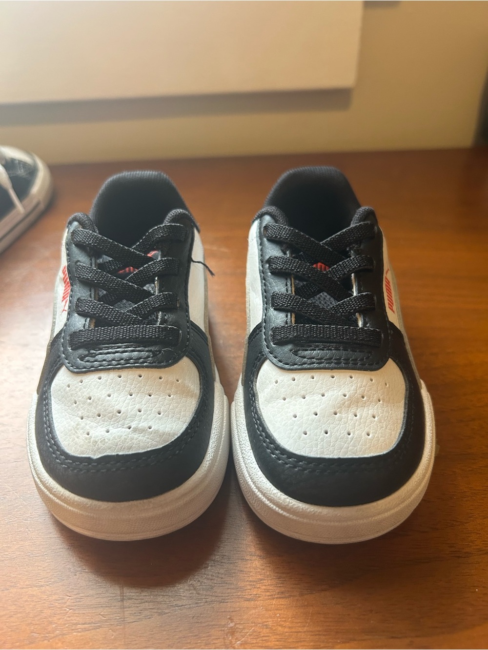 Puma Kids Black and White Low-Top Sneakers with Red Logo